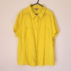 Suzanne Grae Button Down Shirt Women XL (18) Yellow 100% Linen Coastal Summer